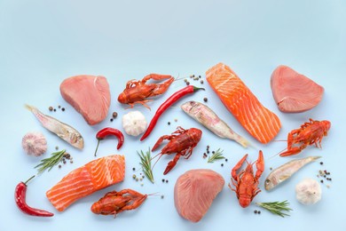 Photo of Many different sea food and spices on light blue background, flat lay