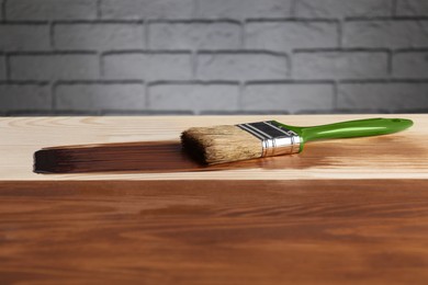 Photo of Applying walnut wood stain. Brush on wooden surface, closeup