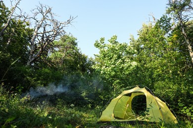 Modern camping tent in forest at summer, space for text