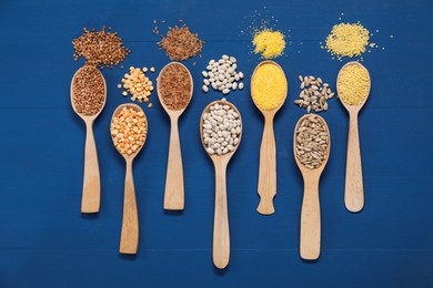 Different types of cereals, seeds and legumes in spoons on blue wooden table, flat lay