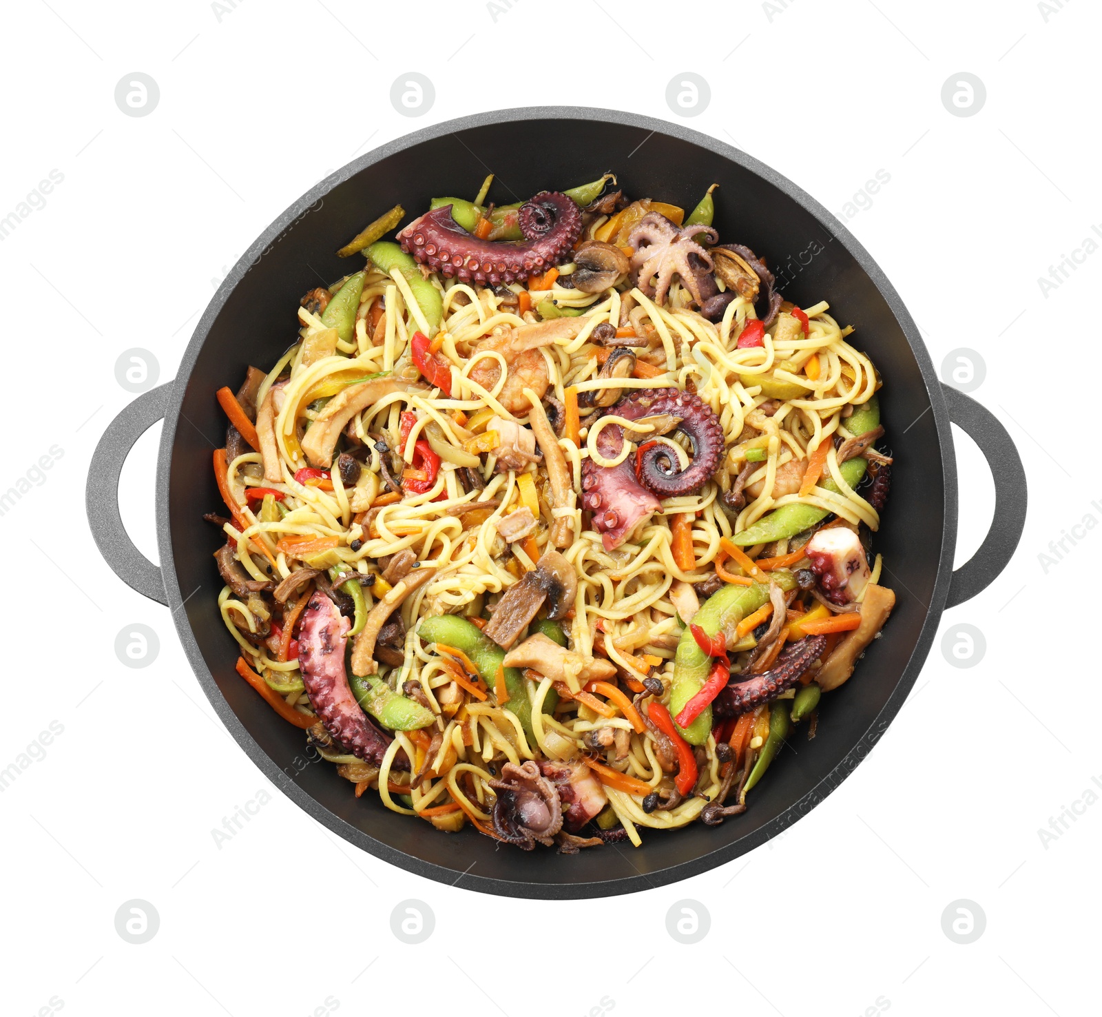 Photo of Stir-fry noodles with sea food and vegetables in wok isolated on white, top view