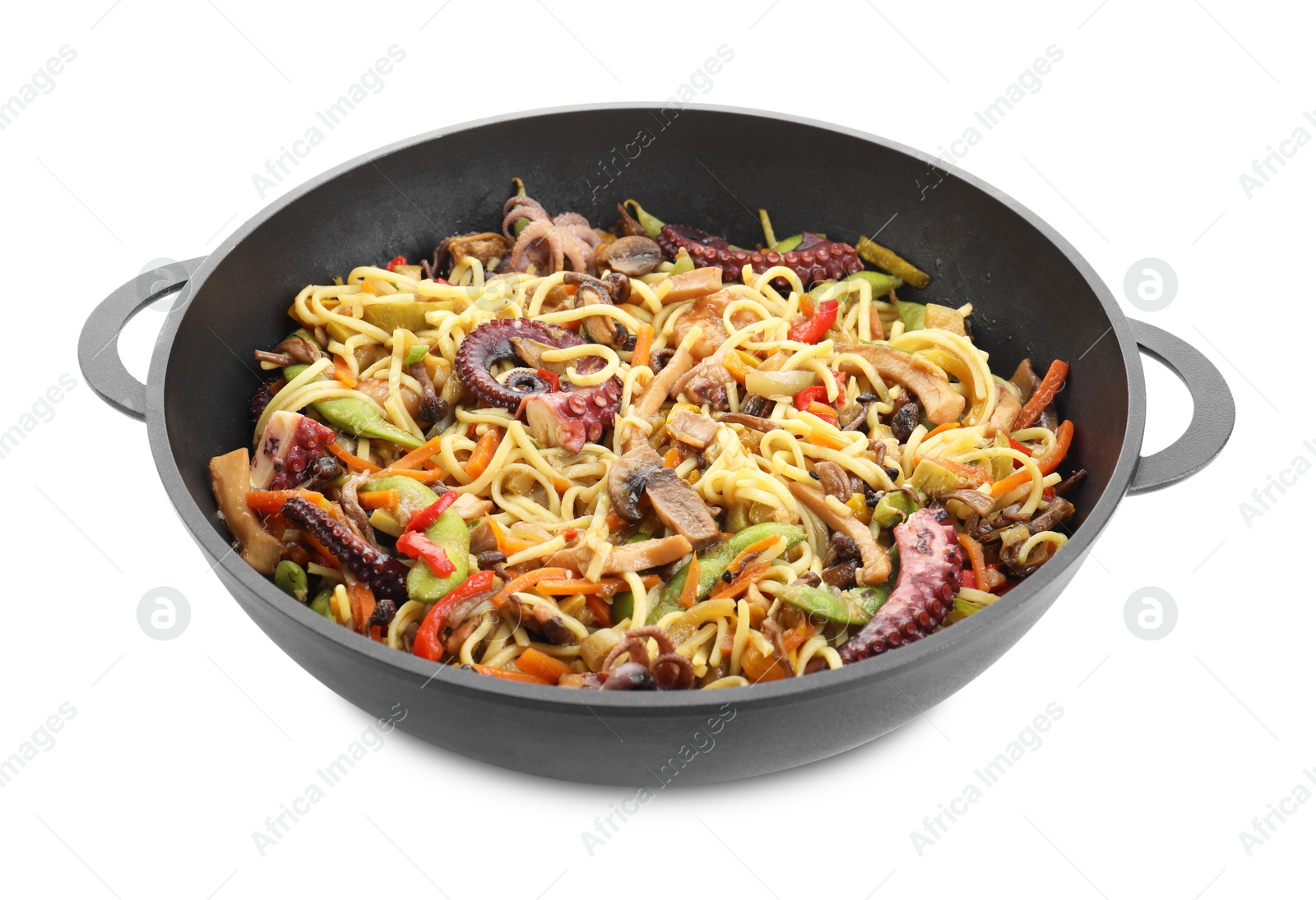 Photo of Stir-fry noodles with sea food and vegetables in wok isolated on white