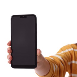 Woman showing smartphone with blank screen on white background, closeup