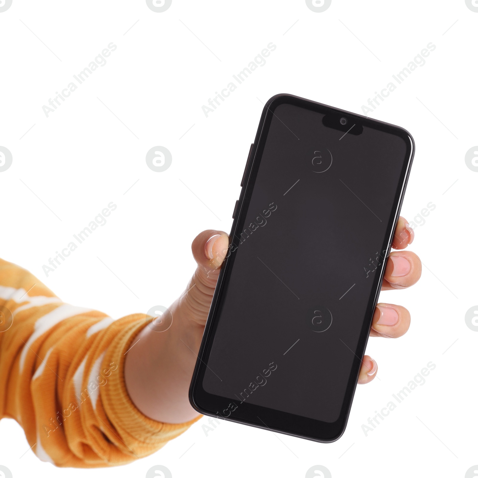 Photo of Woman showing smartphone with blank screen on white background, closeup