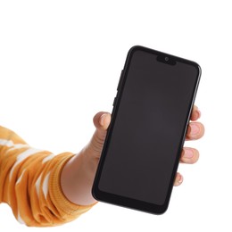 Photo of Woman showing smartphone with blank screen on white background, closeup