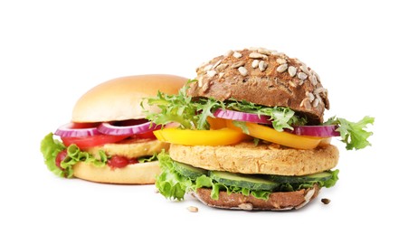 Photo of Delicious vegan burgers with chickpea cutlet isolated on white