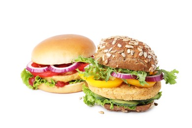 Photo of Delicious vegan burgers with chickpea cutlet isolated on white