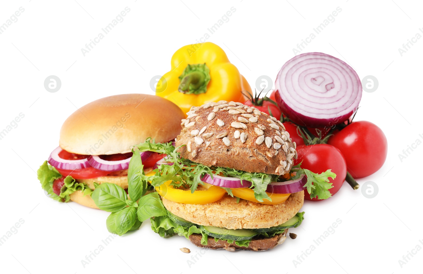 Photo of Delicious vegan burgers with chickpea cutlet and ingredients isolated on white