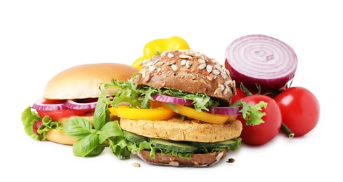 Photo of Delicious vegan burgers with chickpea cutlet and ingredients isolated on white