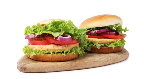 Photo of Delicious vegetarian burgers with chickpea cutlets isolated on white