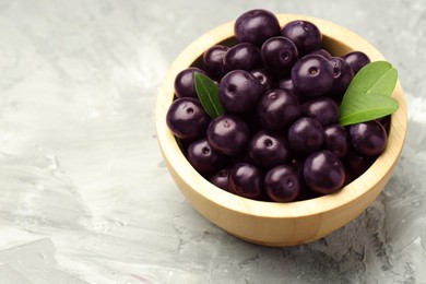 Photo of Ripe acai berries and leaves in bowl on grey textured table, closeup. Space for text