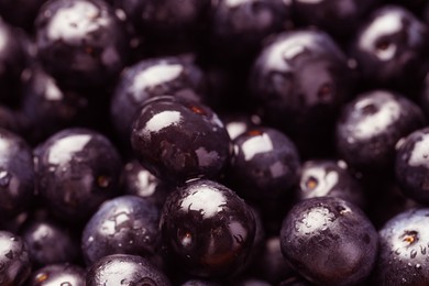 Wet acai berries as background, closeup view