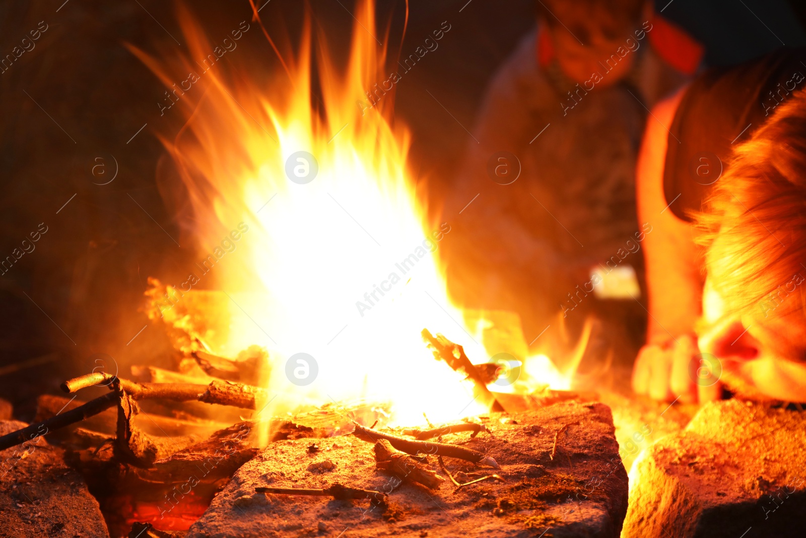 Photo of Man making bonfire in forest at night, closeup