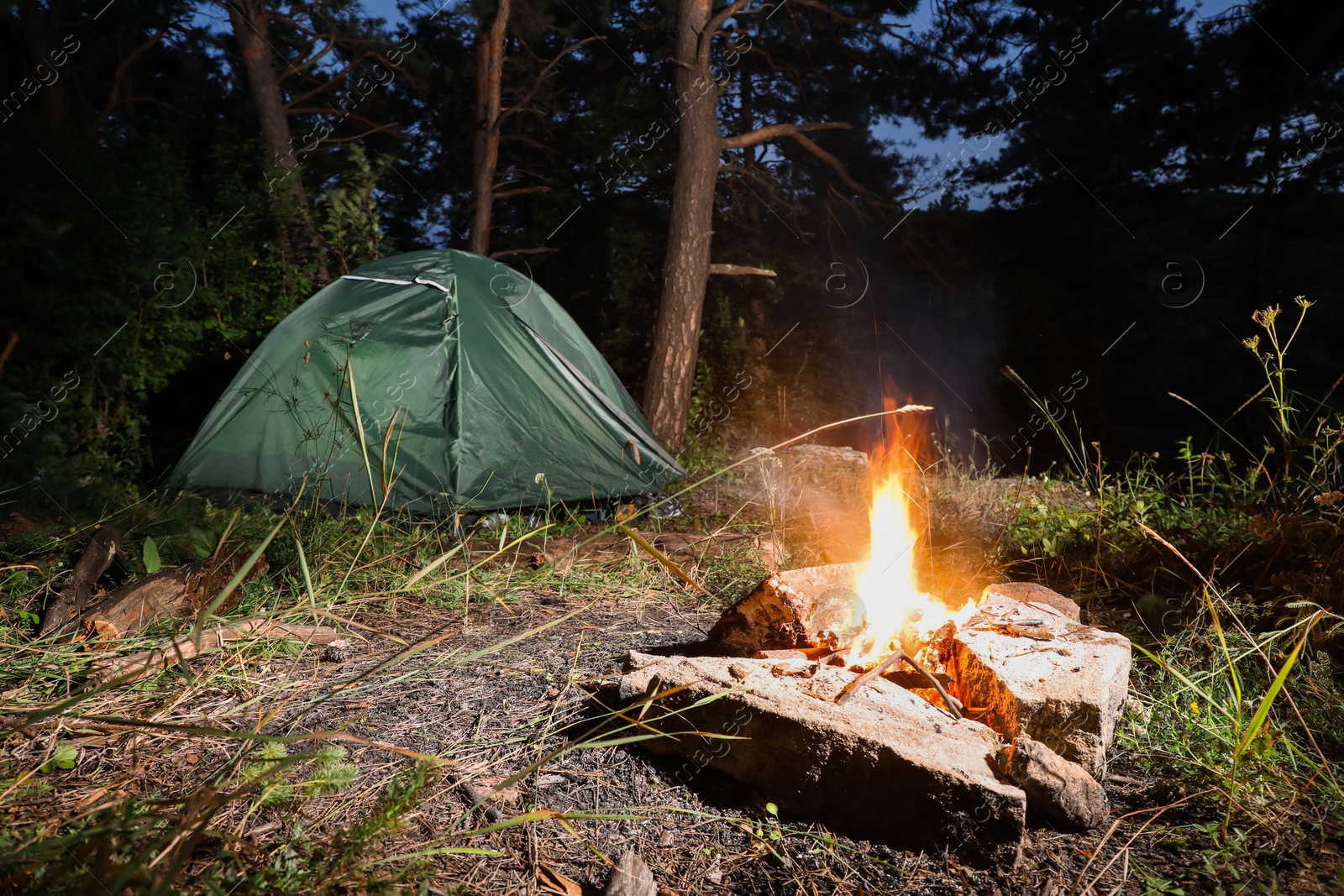 Photo of Bonfire and camping tent in forest at night