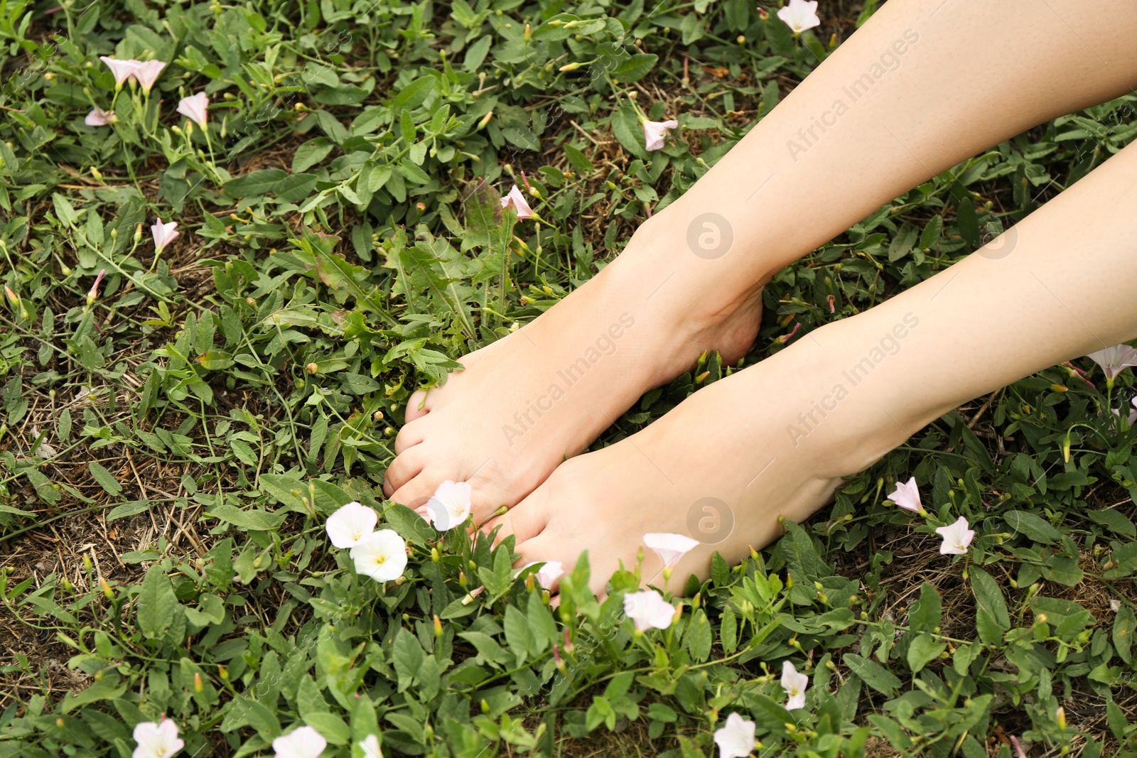 Photo of Woman sitting barefoot on green grass outdoors, closeup