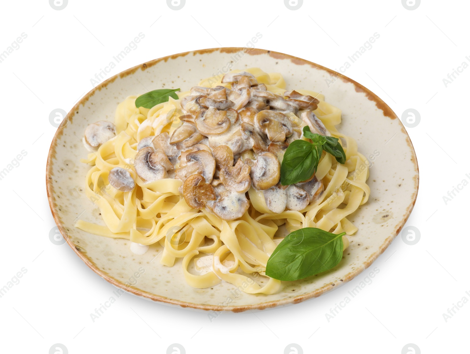 Photo of Delicious pasta with mushrooms and basil isolated on white