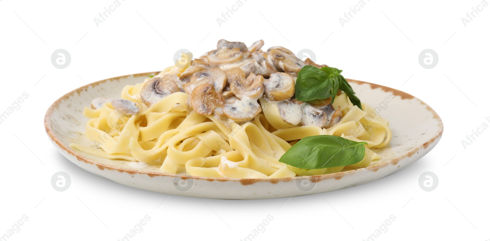 Photo of Delicious pasta with mushrooms and basil isolated on white