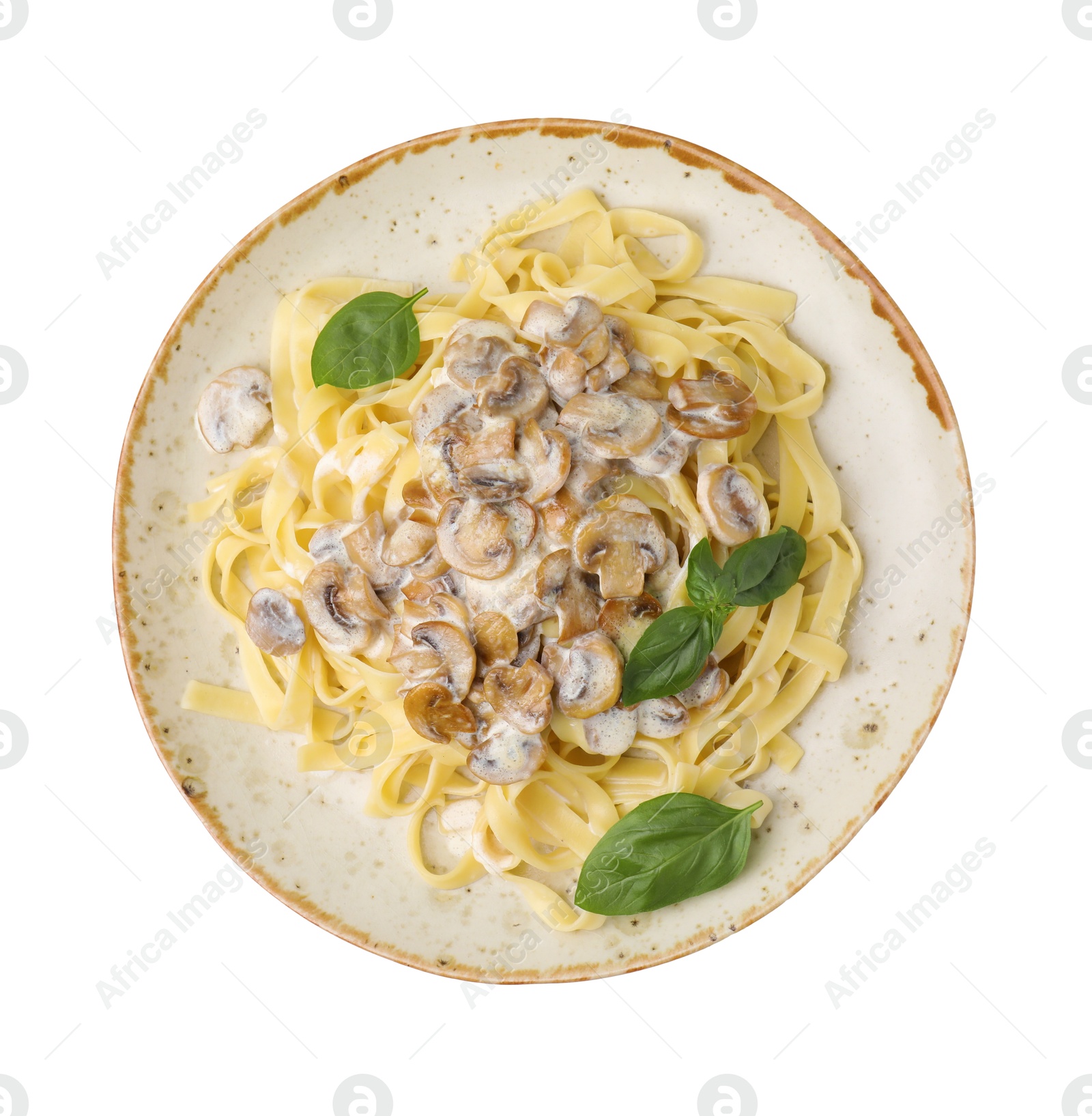 Photo of Delicious pasta with mushrooms and basil isolated on white, top view