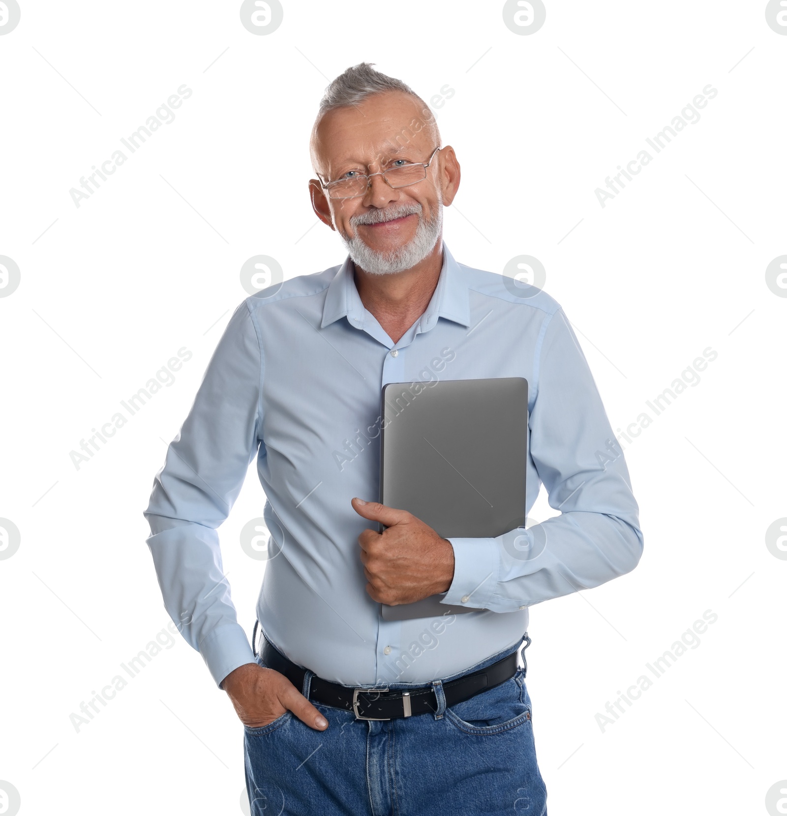 Photo of Handsome senior man with laptop on white background