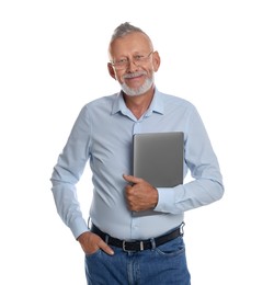 Handsome senior man with laptop on white background