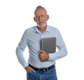 Photo of Handsome senior man with laptop on white background