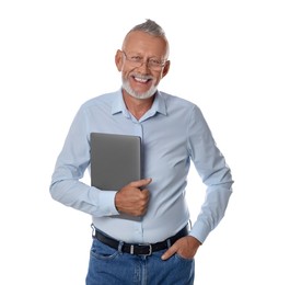 Smiling senior man with laptop on white background