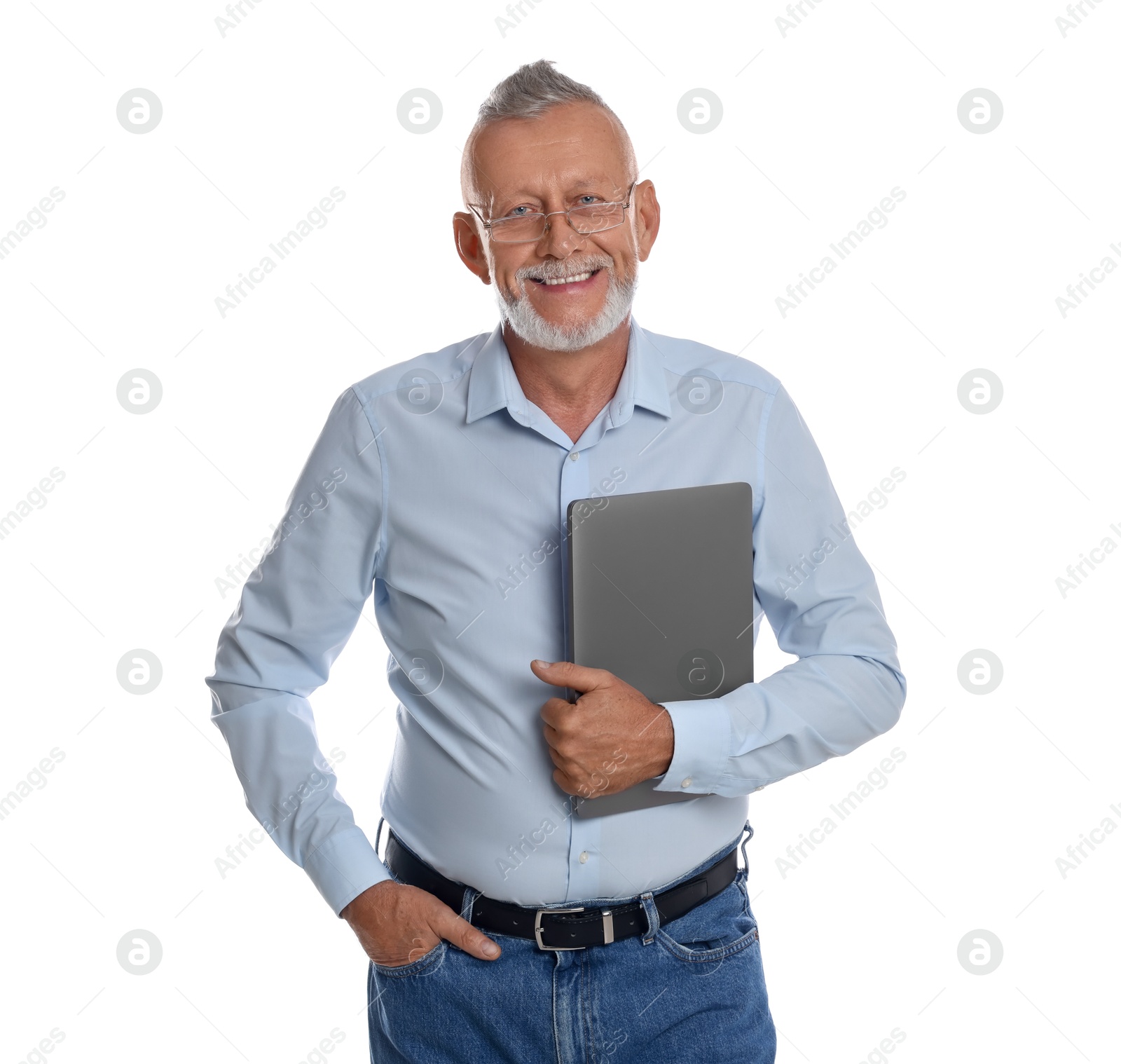 Photo of Smiling senior man with laptop on white background