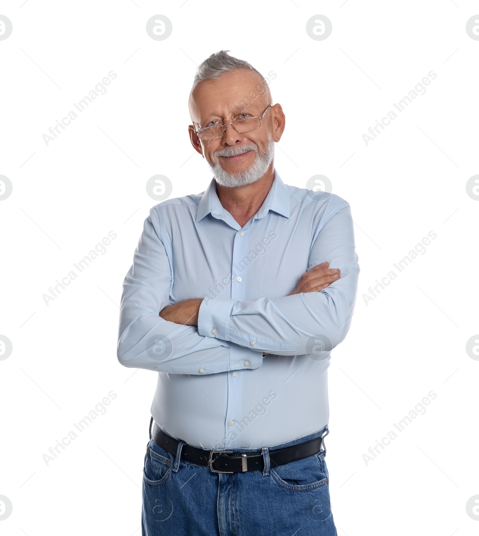 Photo of Handsome senior man with crossed arms on white background