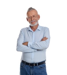 Handsome senior man with crossed arms on white background