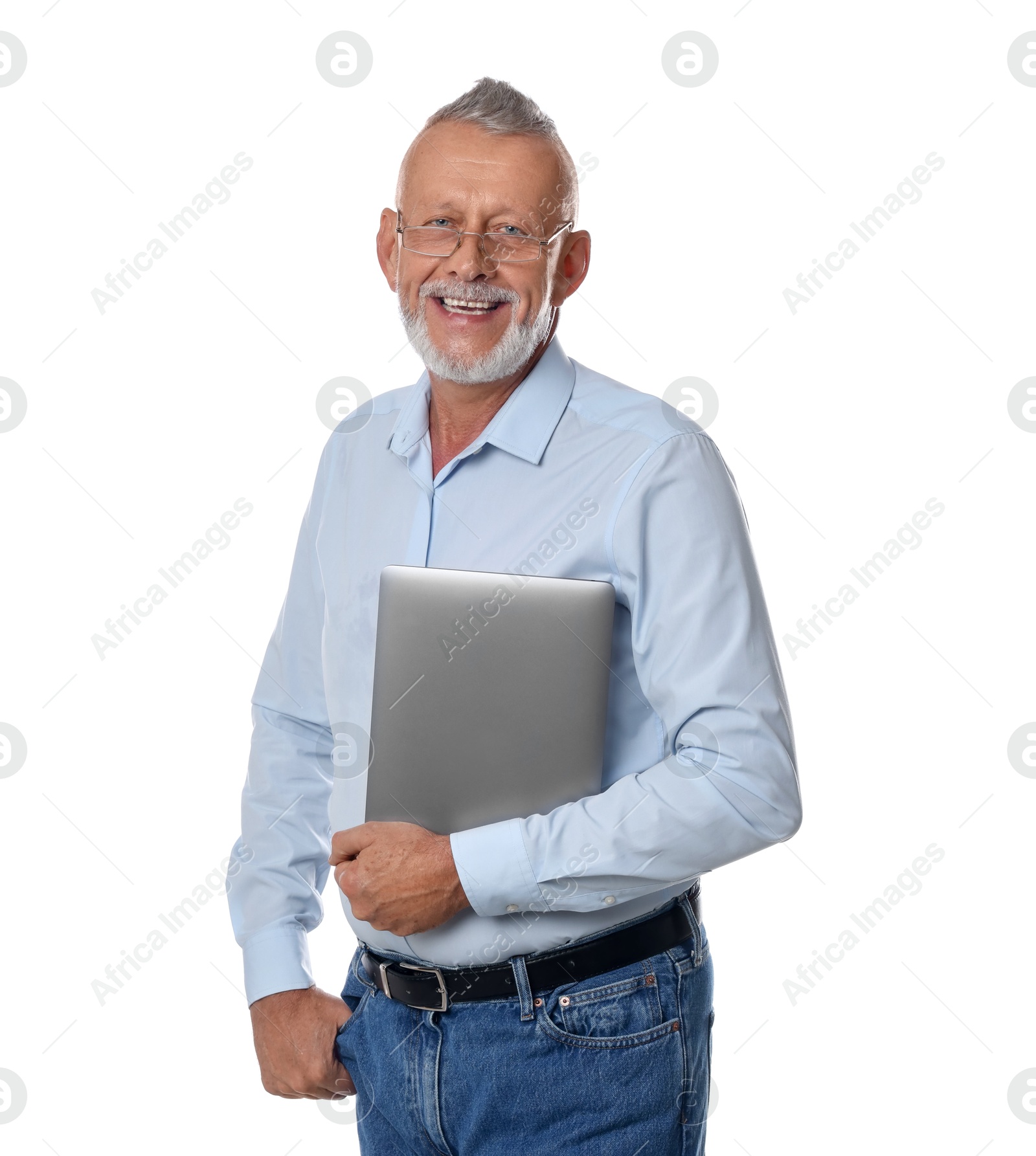 Photo of Smiling senior man with laptop on white background