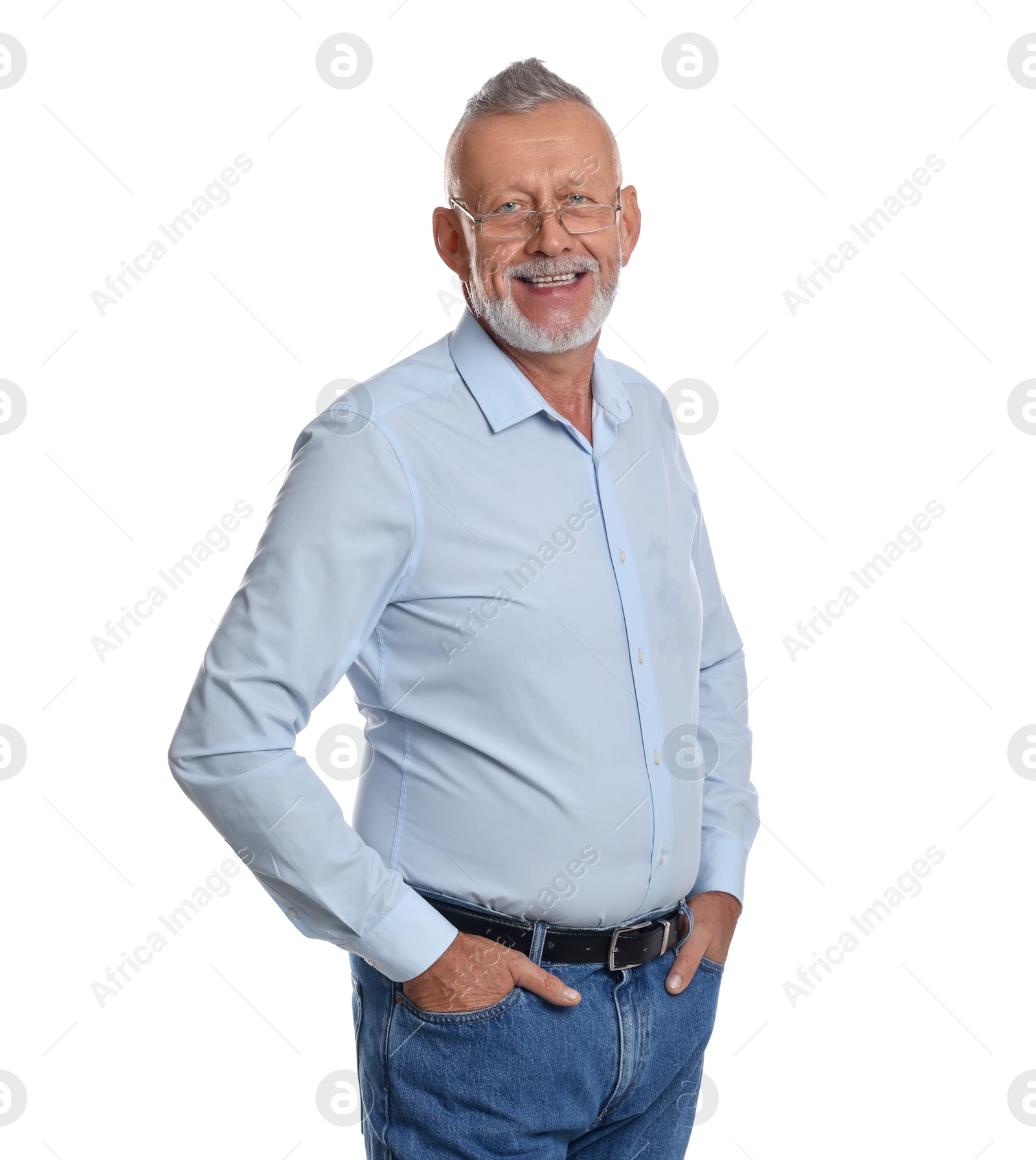 Photo of Portrait of smiling senior man on white background