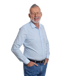 Photo of Portrait of smiling senior man on white background