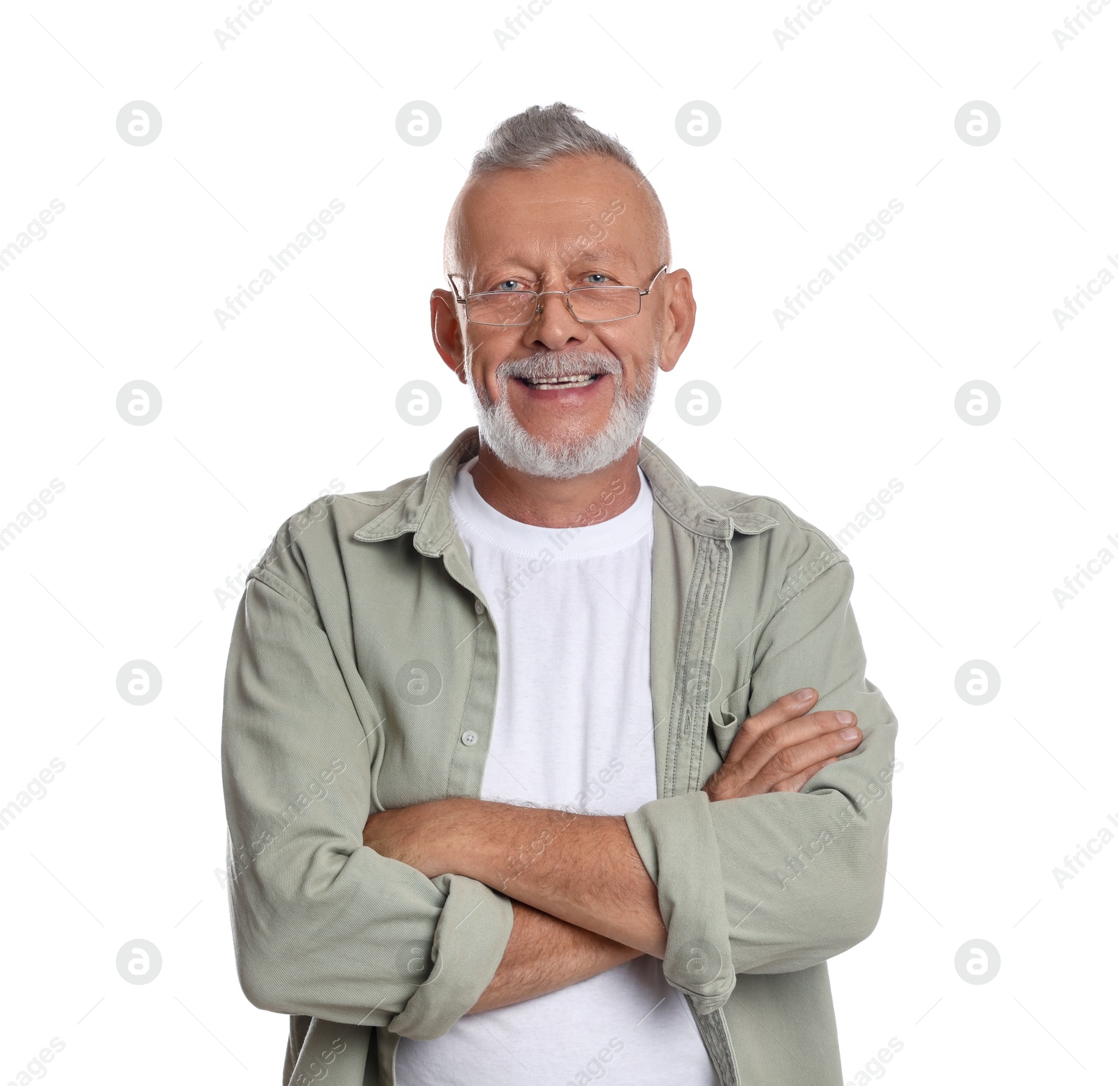 Photo of Portrait of smiling senior man with crossed arms on white background