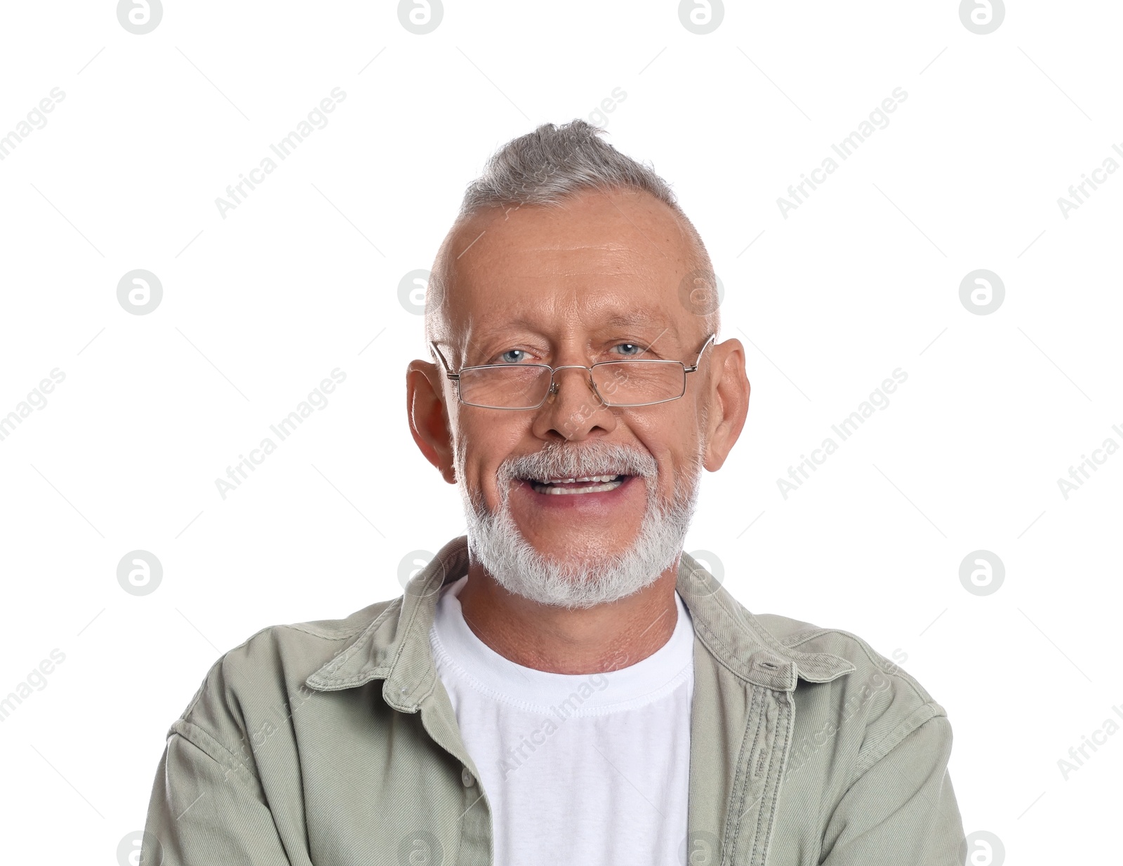 Photo of Portrait of smiling senior man on white background