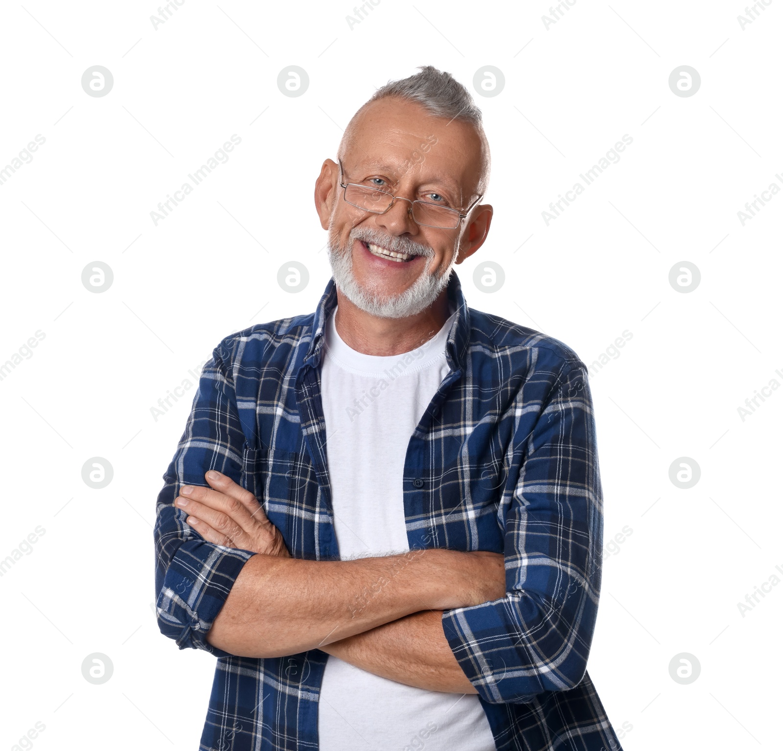 Photo of Portrait of smiling senior man with crossed arms on white background