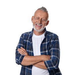 Photo of Portrait of smiling senior man with crossed arms on white background