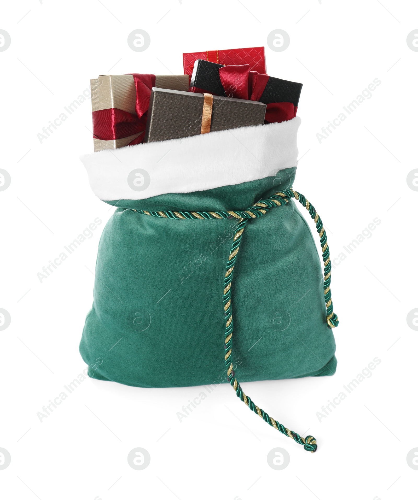 Photo of Santa Claus bag with gift boxes isolated on white