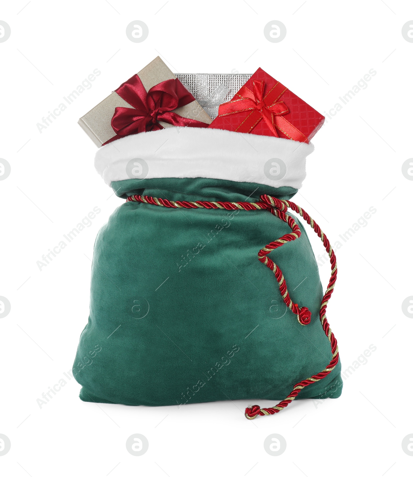 Photo of Santa Claus bag with gift boxes isolated on white