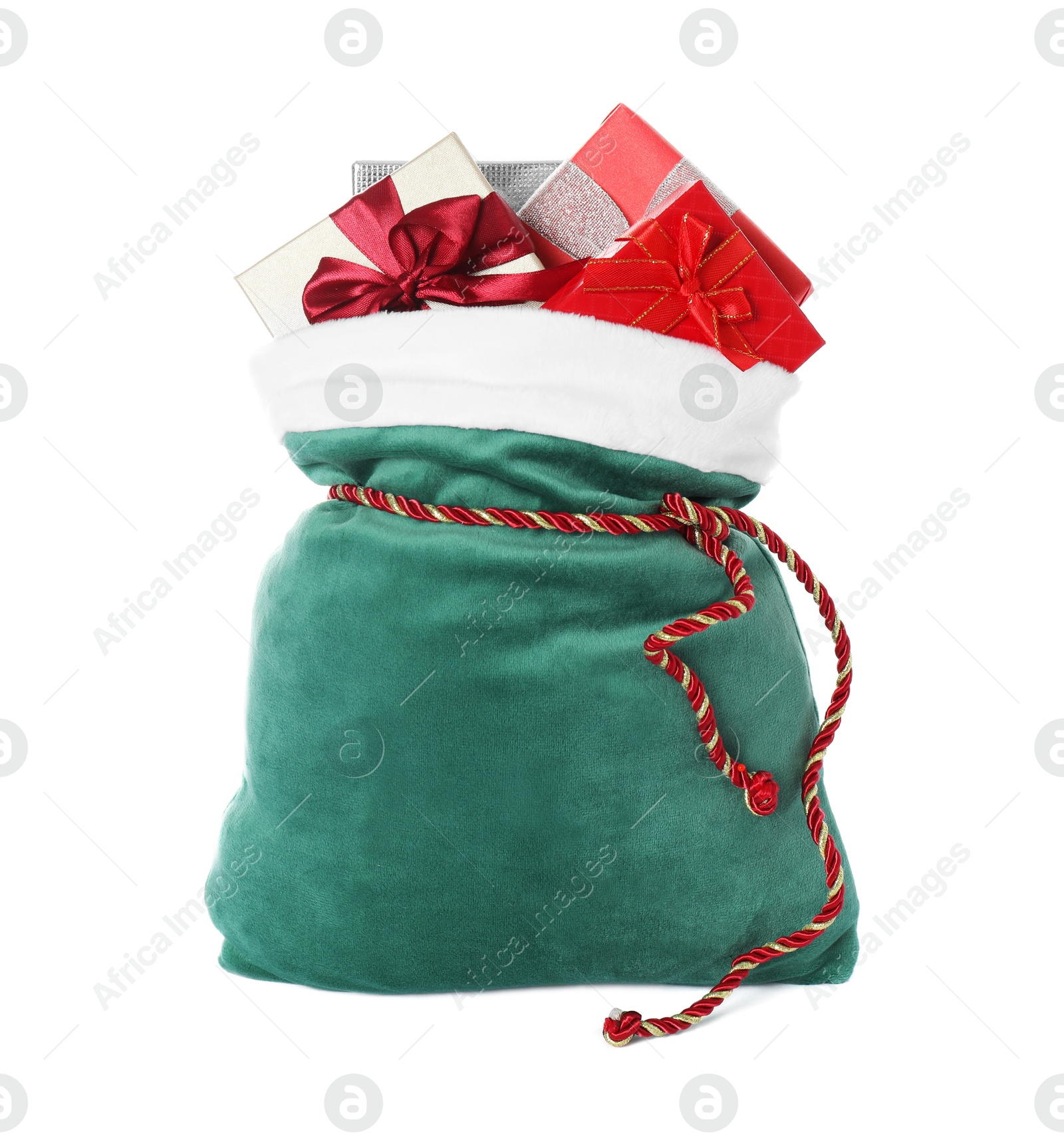 Photo of Santa Claus bag with gift boxes isolated on white