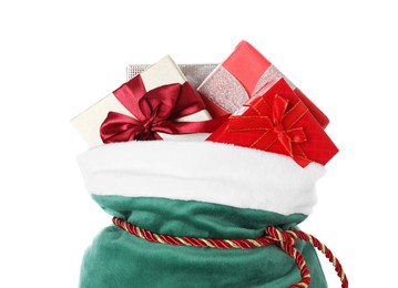 Photo of Santa Claus bag with gift boxes isolated on white