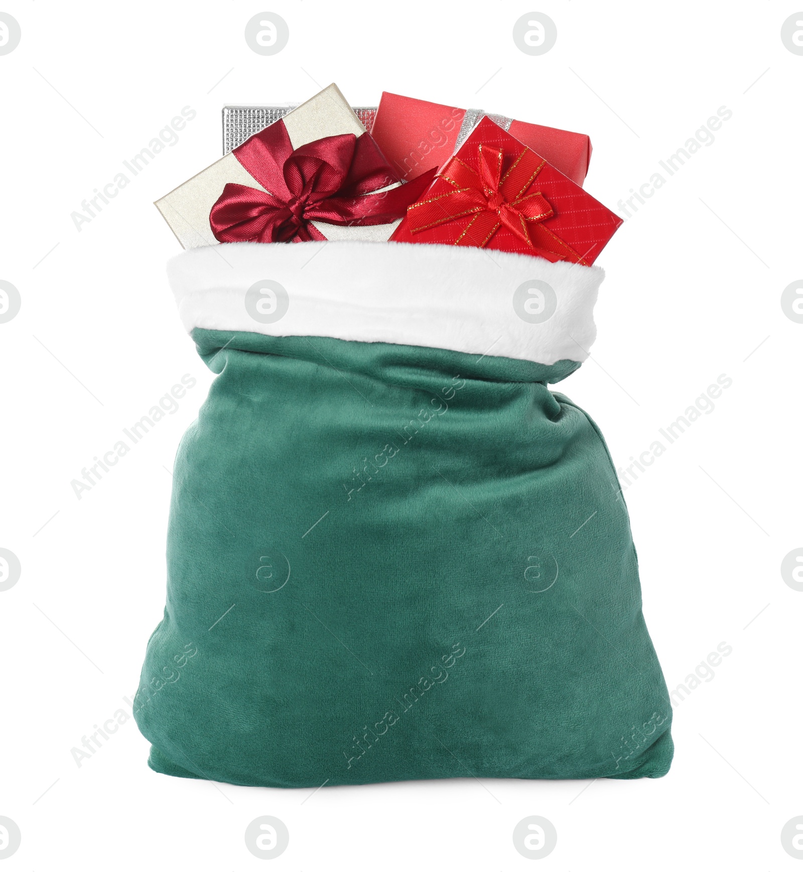 Photo of Santa Claus bag with gift boxes isolated on white