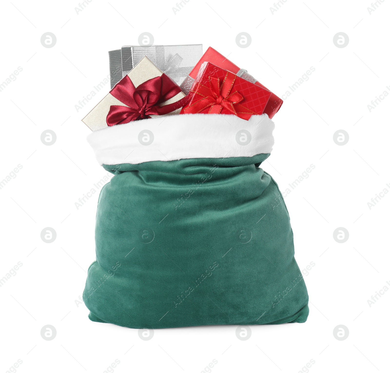 Photo of Santa Claus bag with gift boxes isolated on white