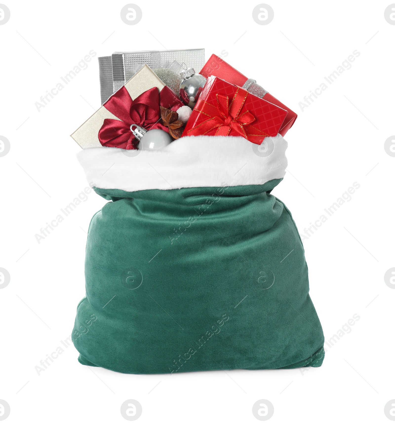 Photo of Santa Claus bag with gift boxes and Christmas balls isolated on white