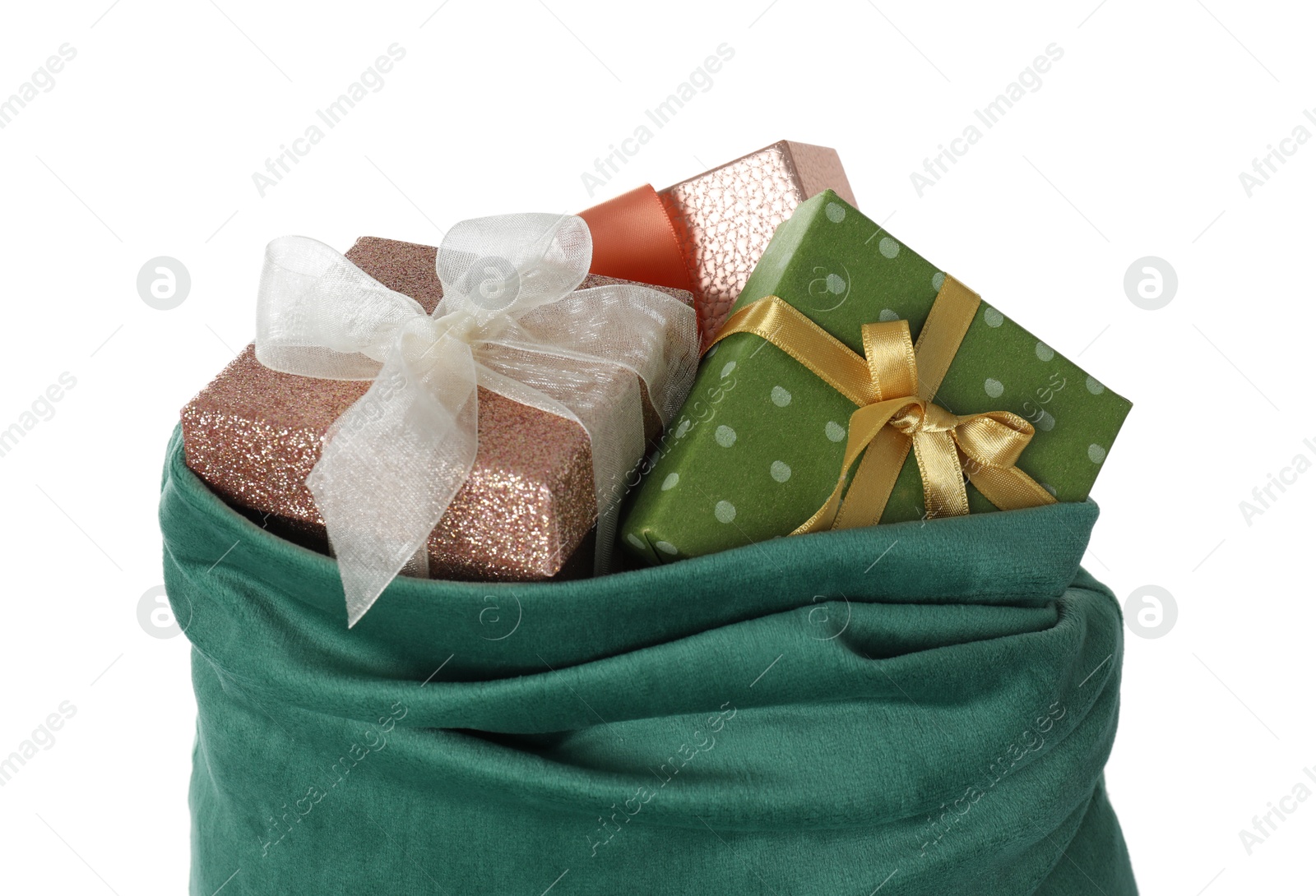 Photo of Santa Claus bag with gift boxes isolated on white