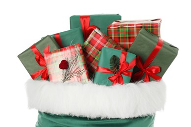 Photo of Santa Claus bag with gift boxes isolated on white