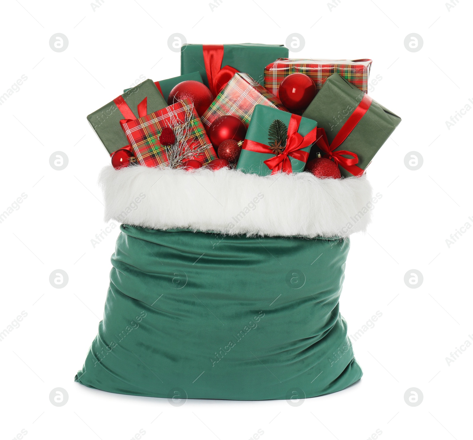 Photo of Santa Claus bag with gift boxes and Christmas balls isolated on white