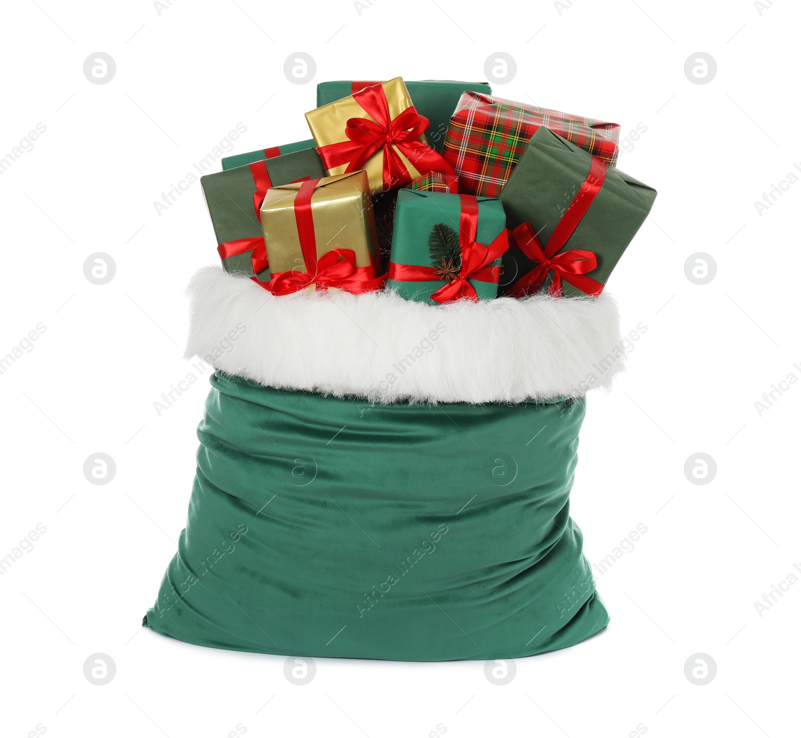 Photo of Santa Claus bag with gift boxes isolated on white