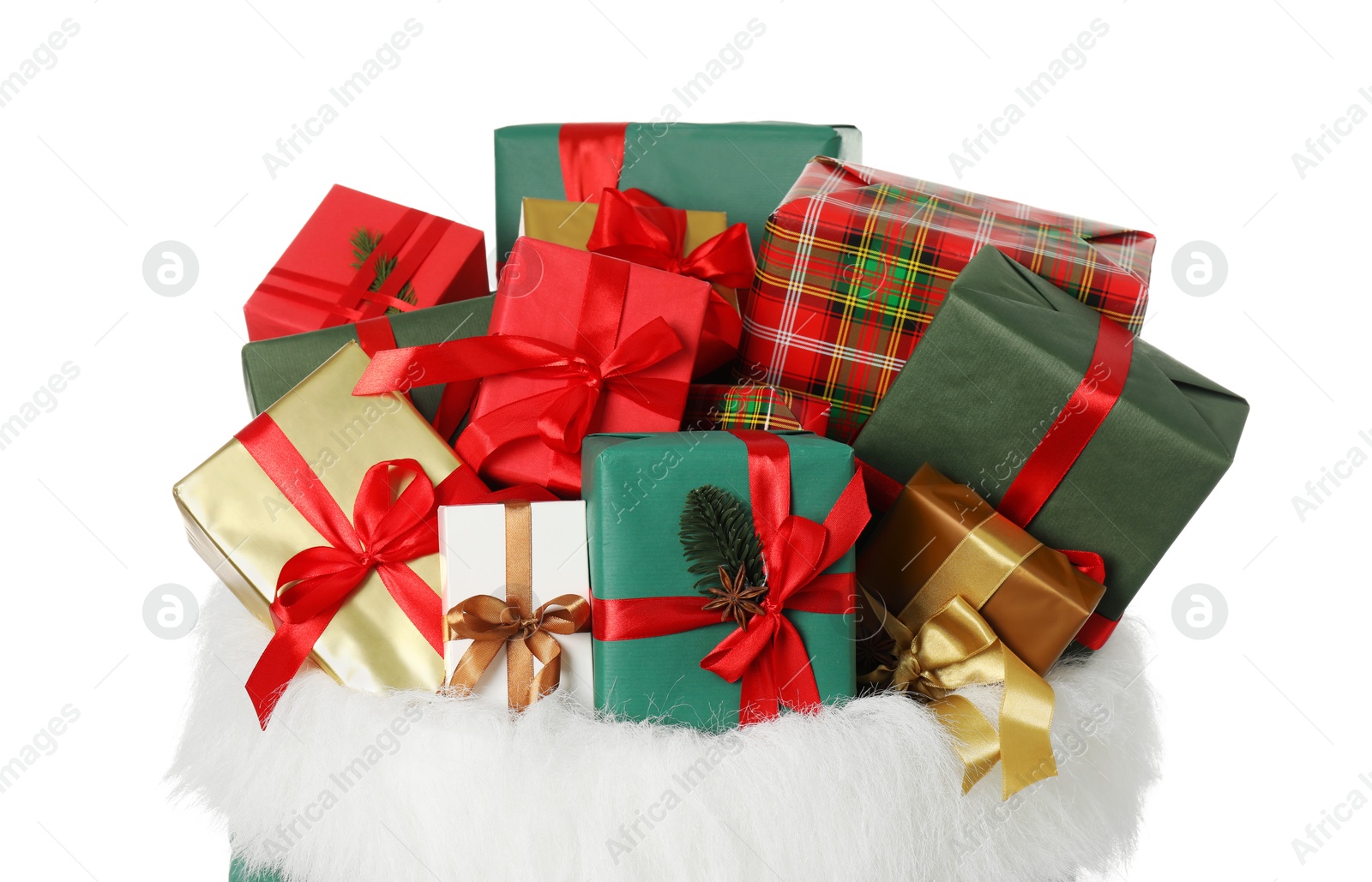 Photo of Santa Claus bag with gift boxes isolated on white