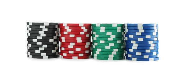 Poker game. Casino chips isolated on white