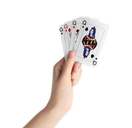 Photo of Poker game. Woman with playing cards on white background, closeup